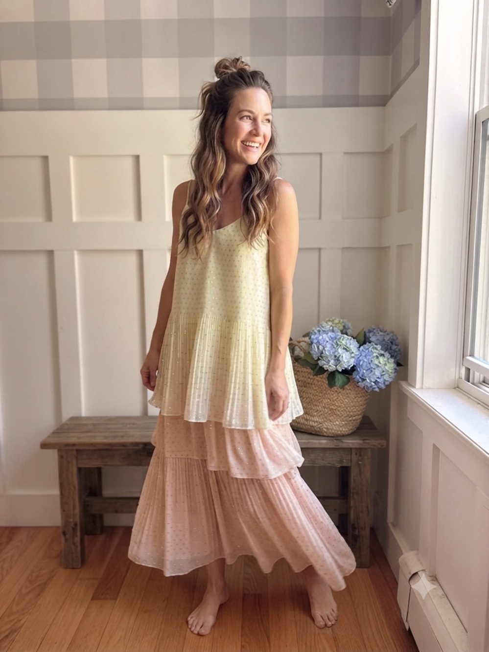 Zara Pale Yellow & Blush Tiered Midi Dress XS